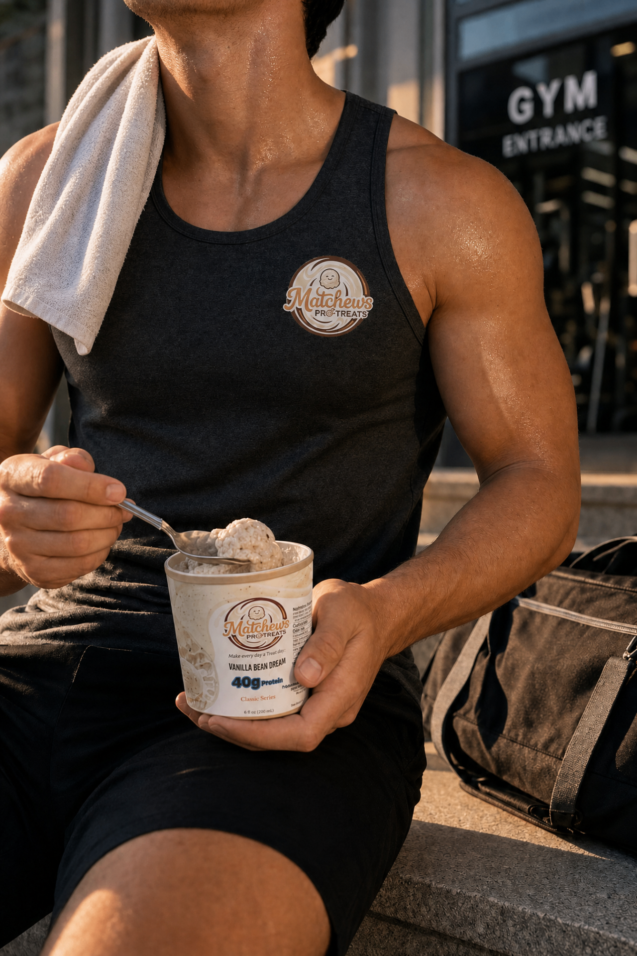 Man outside the gym ready for post-workout recovery with Matchews Pro-Treats